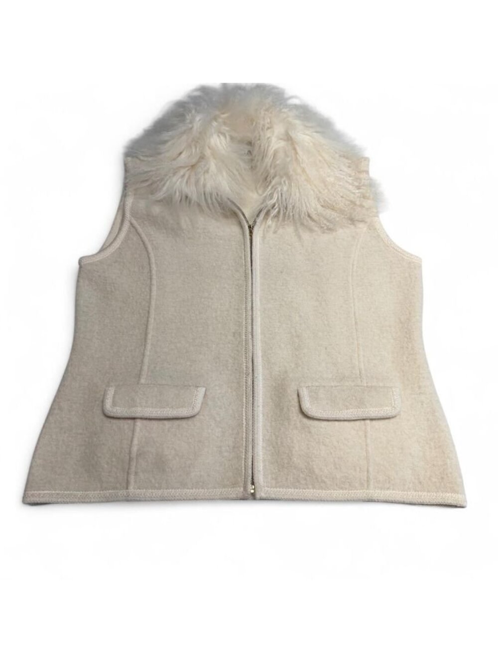 Vintage 90's 100% Wool Fur Collar Vest Women's Large Retro Fall Winter Cream